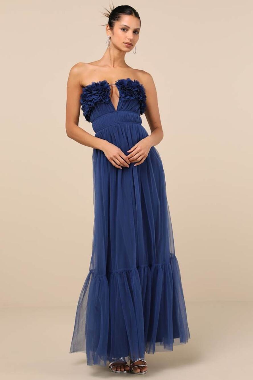 NWT Lulus Chic Spectacle Navy 3D Applique Strapless Maxi Dress Strapless Size S